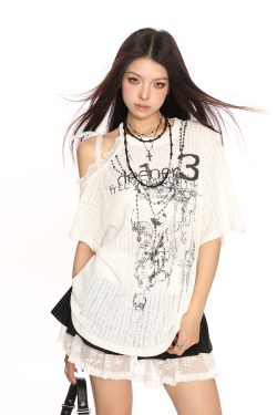 Sweet Cool Y2K Lace Off-Shoulder Short Sleeve T-Shirt for Women - Summer Loose Slimming Top in Trendy Casual Style