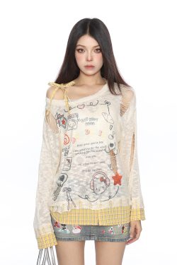 Sweet Dopamine Ripped Thin Long Sleeve T-Shirt for Women - Summer Breathable Tie Fake Two-Piece Top, Y2K Casual Style