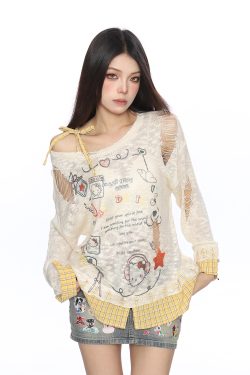 Sweet Dopamine Ripped Thin Long Sleeve T-Shirt for Women - Summer Breathable Tie Fake Two-Piece Top, Y2K Casual Style