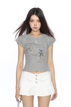 Sweet Korean-Style Graffiti Flutter Sleeve Short Sleeve T-shirt for Women, Slimming Summer Top, Trendy Y2K Fashion