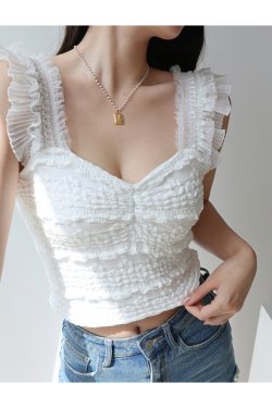 Sweet Lace Waist-Defining Flutter Sleeve Camisole Top - French Fairy Style, Slimming Design, Perfect for 90s and Y2K Fashion Lovers