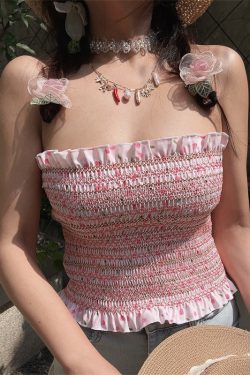 Sweet Pink Floral One-Shoulder Gathered Strapless Top - Handmade High-Elastic Vacation Style for Women
