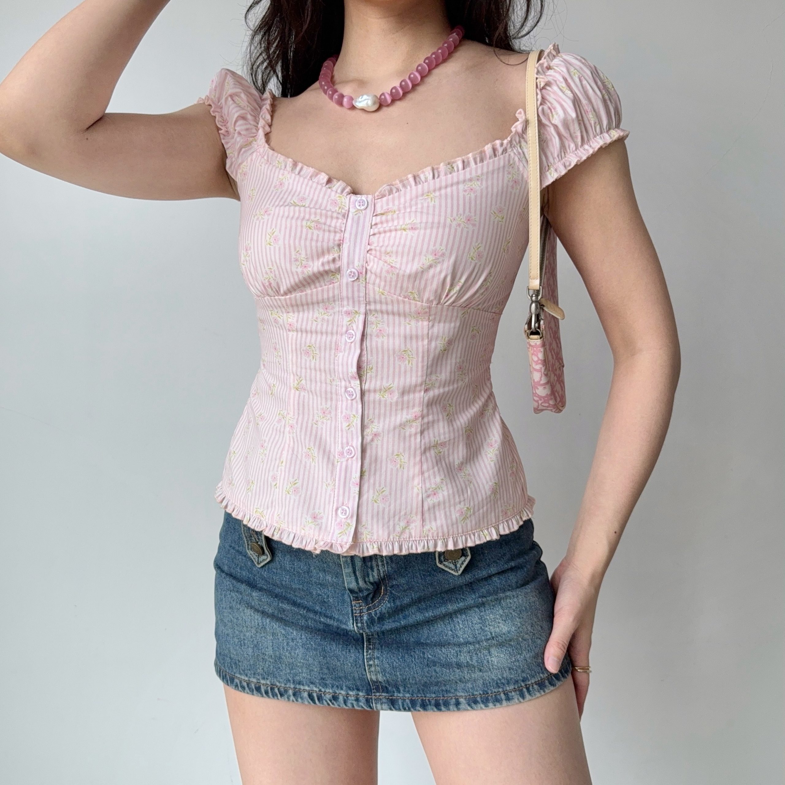 Sweet Pink Striped Square Neck Puff Sleeve Top - Women's Floral Short Sleeve Blouse - Y2K Inspired Fashion Sweet Pink Striped Square Neck Puff Sleeve Top - Women's Floral Short Sleeve Blouse - Y2K Inspired Fashion