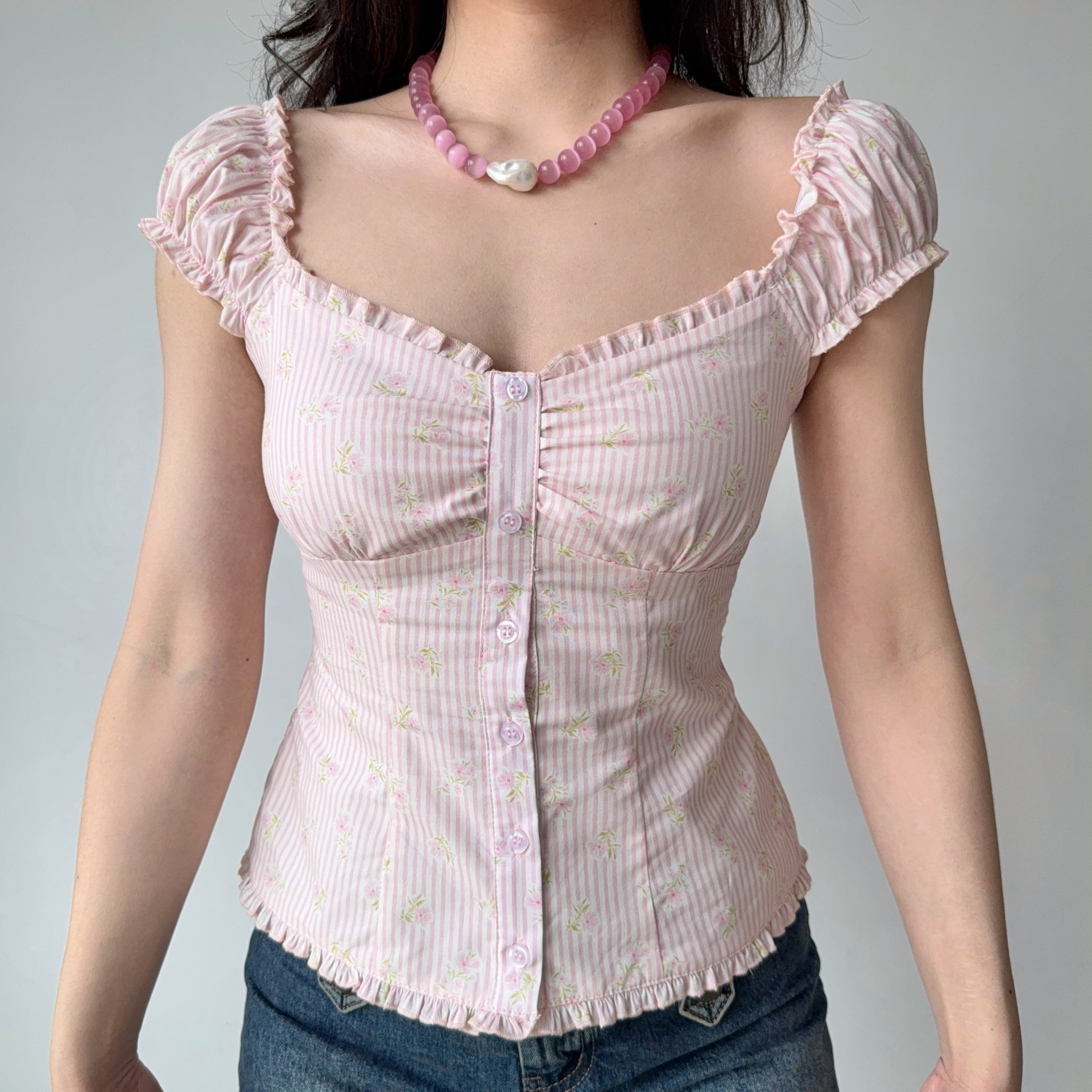 Sweet Pink Striped Square Neck Puff Sleeve Top - Women's Floral Short Sleeve Blouse - Y2K Inspired Fashion Sweet Pink Striped Square Neck Puff Sleeve Top - Women's Floral Short Sleeve Blouse - Y2K Inspired Fashion