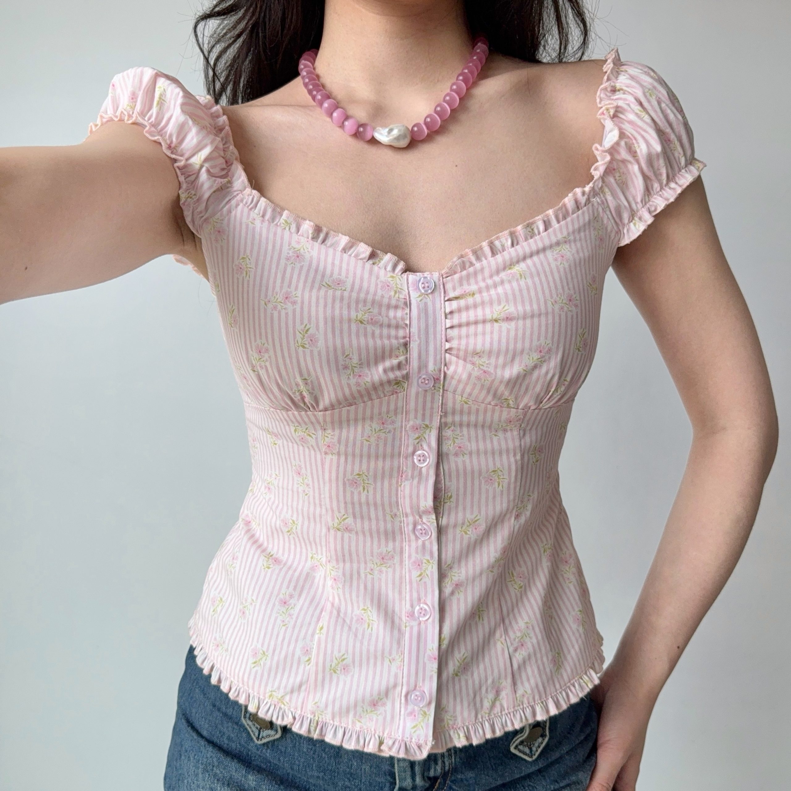 Sweet Pink Striped Square Neck Puff Sleeve Top - Women's Floral Short Sleeve Blouse - Y2K Inspired Fashion Sweet Pink Striped Square Neck Puff Sleeve Top - Women's Floral Short Sleeve Blouse - Y2K Inspired Fashion