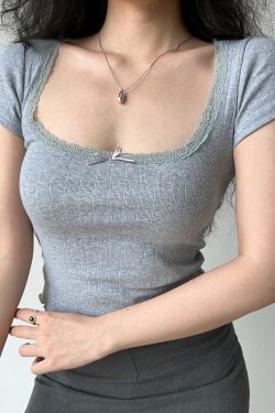 Sweet Ribbed Jacquard Short T-Shirt for Women - Summer Lace Trim Round Neck, Short Sleeves, European & American Style, 90s Inspired