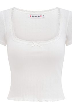 Sweet Ribbed Jacquard Short T-Shirt for Women - Summer Lace Trim Round Neck, Short Sleeves, European & American Style, 90s Inspired