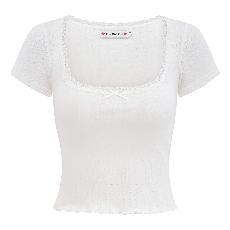 Sweet Ribbed Jacquard Short T-Shirt for Women - Summer Lace Trim Round Neck, Short Sleeves, European & American Style, 90s Inspired Sweet Ribbed Jacquard Short T-Shirt for Women - Summer Lace Trim Round Neck, Short Sleeves, European & American Style, 90s Inspired