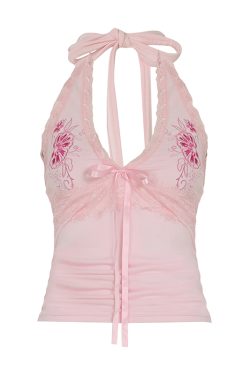 Sweetheart Embroidered Halter Pink Camisole - Backless Ruffled Tank Top for Women, Perfect for Music Festivals and Y2K Style