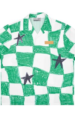 Tan Checkered Star Print Cuban Collar Shirt - Trendy 90s-Inspired Fashion Top for Casual Wear