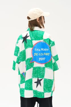 Tan Checkered Star Print Cuban Collar Shirt - Trendy 90s-Inspired Fashion Top for Casual Wear