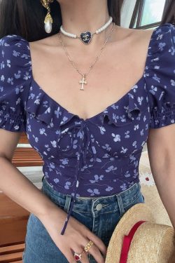 Thai-Style Handmade Spring/Summer 2025 French Ruffled Puff Sleeve Tie Short-Sleeve Shirt for Vacation