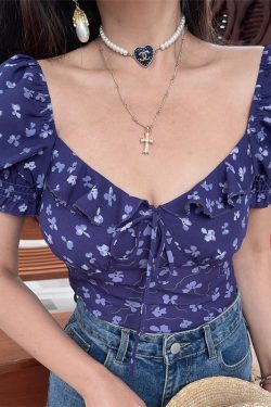 Thai-Style Handmade Spring/Summer 2025 French Ruffled Puff Sleeve Tie Short-Sleeve Shirt for Vacation