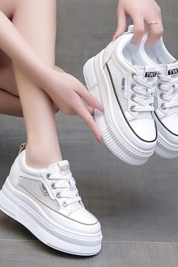 Thick-Soled White Sneakers for Women - 2023 Versatile Platform Shoes, Breathable Mesh Casual Sneakers