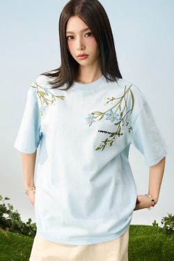 Thousand Needle Embroidery Monet Garden Series Versatile Loose Trendy Short Sleeve T-Shirt - Floral Print, Casual Style, Y2K Fashion