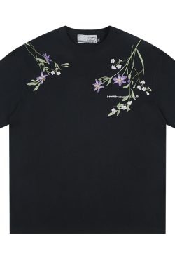 Thousand Needle Embroidery Monet Garden Series Versatile Loose Trendy Short Sleeve T-Shirt - Floral Print, Casual Style, Y2K Fashion