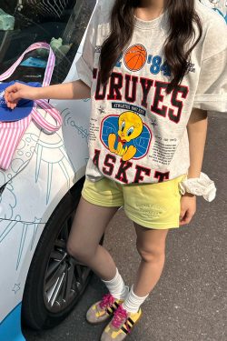 Trendy American Bird Basketball Letter Print Short Sleeve T-Shirt for Couples - Spring Summer Style, Casual Y2K Vibe