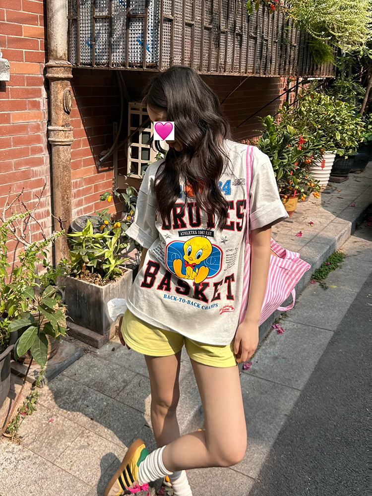 Trendy American Bird Basketball Letter Print Short Sleeve T-Shirt for Couples - Spring Summer Style, Casual Y2K Vibe Trendy American Bird Basketball Letter Print Short Sleeve T-Shirt for Couples - Spring Summer Style, Casual Y2K Vibe