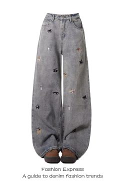 Trendy American Retro High-Waisted Distressed Denim Pants for Women - Fun Dog Embroidery, Slimming Straight-Leg Style