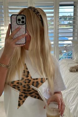 Trendy American Retro Leopard Print Star Letter Oversized Short Sleeve T-Shirt for Women - Y2K Hot Girl Style Top