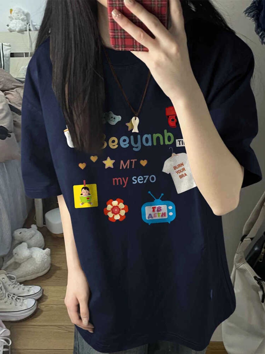 Trendy American Retro Pure Cotton Short-Sleeve T-Shirt for Men and Women - Plus Size Loose Fit Couple Outfit Top Trendy American Retro Pure Cotton Short-Sleeve T-Shirt for Men and Women - Plus Size Loose Fit Couple Outfit Top