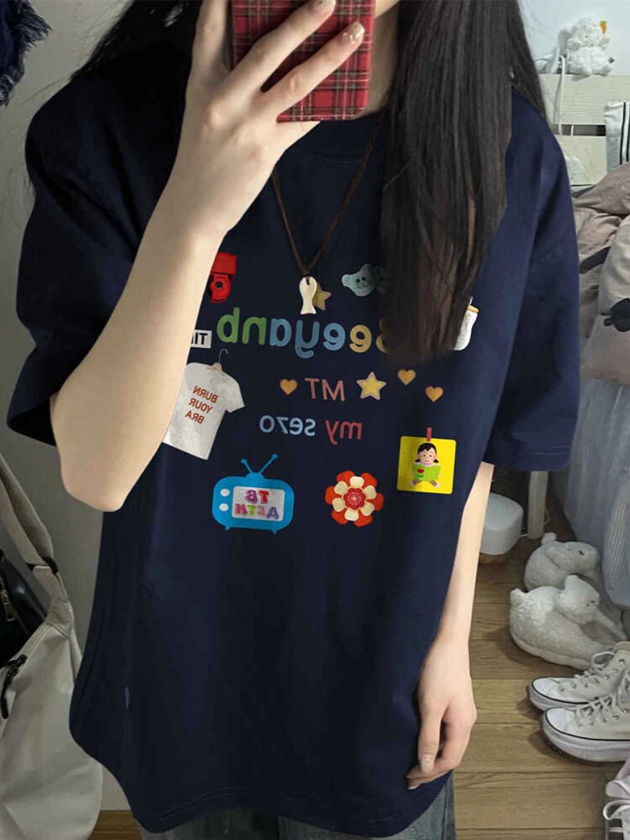 Trendy American Retro Pure Cotton Short-Sleeve T-Shirt for Men and Women - Plus Size Loose Fit Couple Outfit Top Trendy American Retro Pure Cotton Short-Sleeve T-Shirt for Men and Women - Plus Size Loose Fit Couple Outfit Top