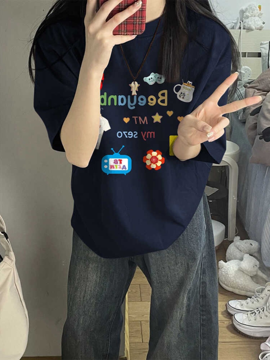 Trendy American Retro Pure Cotton Short-Sleeve T-Shirt for Men and Women - Plus Size Loose Fit Couple Outfit Top Trendy American Retro Pure Cotton Short-Sleeve T-Shirt for Men and Women - Plus Size Loose Fit Couple Outfit Top