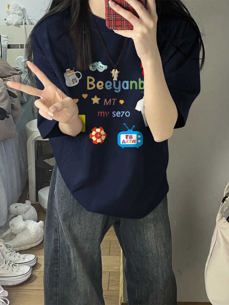 Trendy American Retro Pure Cotton Short-Sleeve T-Shirt for Men and Women - Plus Size Loose Fit Couple Outfit Top Trendy American Retro Pure Cotton Short-Sleeve T-Shirt for Men and Women - Plus Size Loose Fit Couple Outfit Top