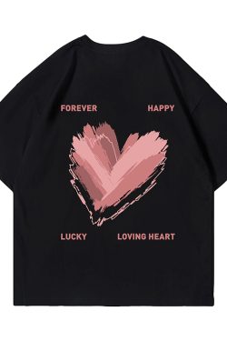 Trendy American Streetwear Heart Short Sleeve T-Shirt for Men, Oversized Loose Fit Couple's Tee, Fashionable Casual Style