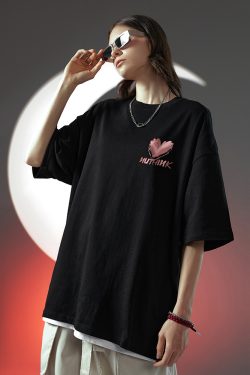 Trendy American Streetwear Heart Short Sleeve T-Shirt for Men, Oversized Loose Fit Couple's Tee, Fashionable Casual Style