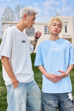 Trendy American Style Letter Print Short Sleeve T-Shirt for Couples - Retro Loose Fit Unisex Summer 2025 Fashion