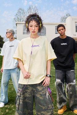 Trendy American Style Letter Print Short Sleeve T-Shirt for Couples - Retro Loose Fit Unisex Summer 2025 Fashion