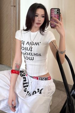 Trendy American Style Letter Print White T-Shirt for Women - Slim Fit Short Sleeve Top for Summer 2025 Fashion