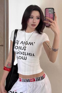 Trendy American Style Letter Print White T-Shirt for Women - Slim Fit Short Sleeve Top for Summer 2025 Fashion