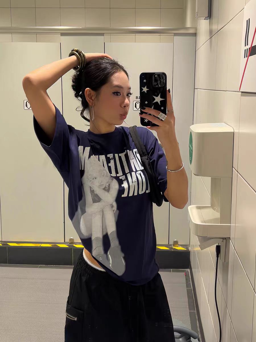 Trendy American-Style Portrait Printed Short-Sleeve T-Shirt for Women - Summer Loose Fit Pure Cotton Slimming Tee Top Trendy American-Style Portrait Printed Short-Sleeve T-Shirt for Women - Summer Loose Fit Pure Cotton Slimming Tee Top