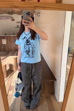 Trendy American Style Printed Dog T-Shirt for Women, Short Sleeve Round Neck, Stretchy and Slightly Loose Summer Top