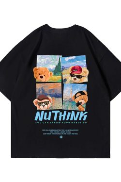 Trendy Cartoon Bear Loose Unisex Short Sleeve T-Shirt for Men and Women - Summer National Style Casual Tee