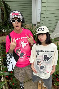 Trendy Cartoon Cat Headphones Short Sleeve T-Shirt for Men & Women, Summer Loose Fit High Street American Style, 90s Vibe