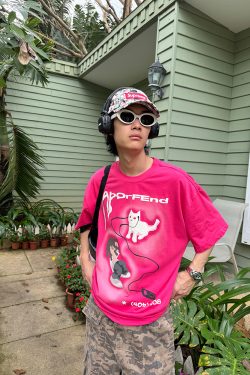 Trendy Cartoon Cat Headphones Short Sleeve T-Shirt for Men & Women, Summer Loose Fit High Street American Style, 90s Vibe