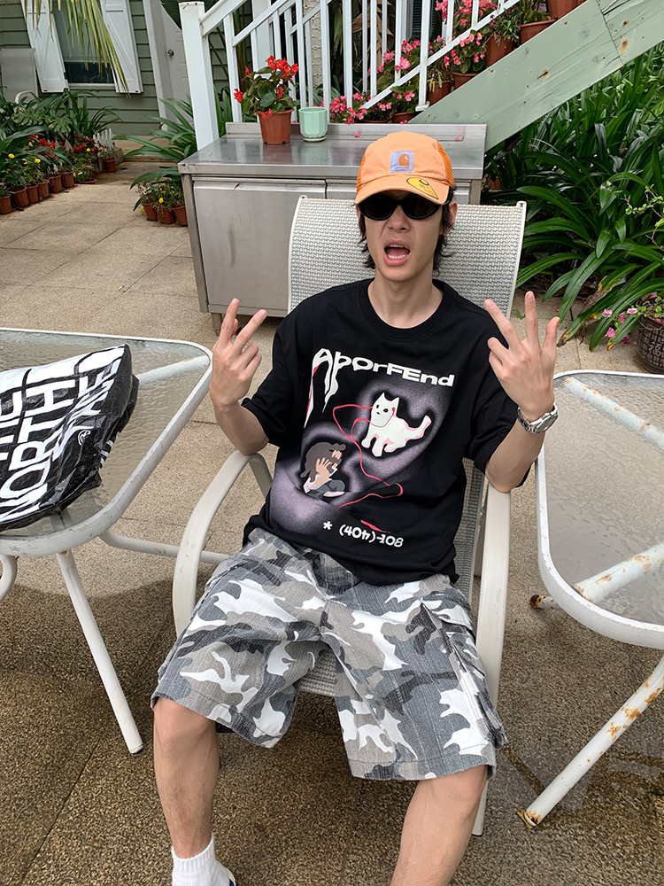 Trendy Cartoon Cat Headphones Short Sleeve T-Shirt for Men & Women, Summer Loose Fit High Street American Style, 90s Vibe Trendy Cartoon Cat Headphones Short Sleeve T-Shirt for Men & Women, Summer Loose Fit High Street American Style, 90s Vibe