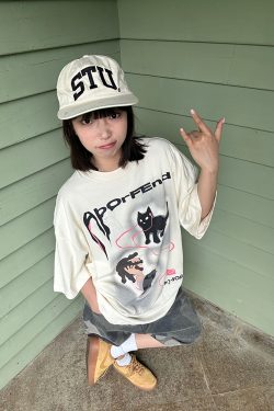 Trendy Cartoon Cat Headphones Short Sleeve T-Shirt for Men & Women, Summer Loose Fit High Street American Style, 90s Vibe