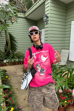 Trendy Cartoon Cat Headphones Short Sleeve T-Shirt for Men & Women, Summer Loose Fit High Street American Style, 90s Vibe