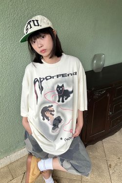 Trendy Cartoon Cat Headphones Short Sleeve T-Shirt for Men & Women, Summer Loose Fit High Street American Style, 90s Vibe