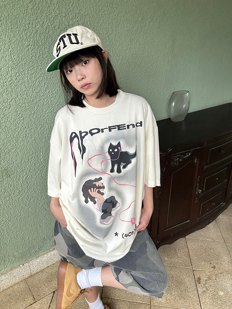 Trendy Cartoon Cat Headphones Short Sleeve T-Shirt for Men & Women, Summer Loose Fit High Street American Style, 90s Vibe Trendy Cartoon Cat Headphones Short Sleeve T-Shirt for Men & Women, Summer Loose Fit High Street American Style, 90s Vibe