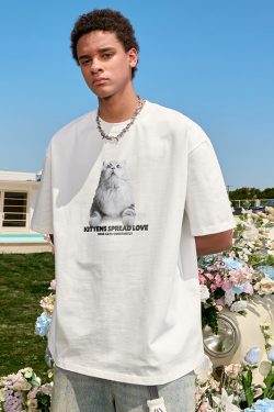 Trendy Cat Print Short Sleeve T-Shirt for Couples, American Vintage Loose Fit, Unisex Summer Style 2025, Y2K Aesthetic