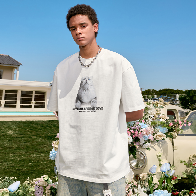 Trendy Cat Print Short Sleeve T-Shirt for Couples, American Vintage Loose Fit, Unisex Summer Style 2025, Y2K Aesthetic Trendy Cat Print Short Sleeve T-Shirt for Couples, American Vintage Loose Fit, Unisex Summer Style 2025, Y2K Aesthetic