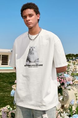Trendy Cat Print Short Sleeve T-Shirt for Couples, American Vintage Loose Fit, Unisex Summer Style 2025, Y2K Aesthetic