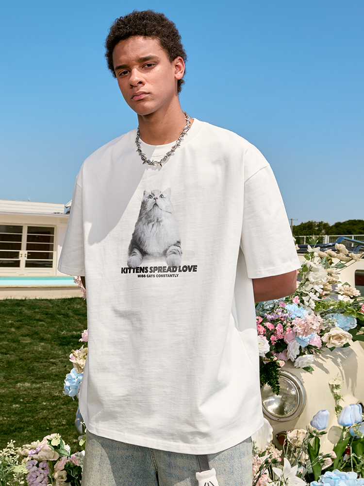 Trendy Cat Print Short Sleeve T-Shirt for Couples, American Vintage Loose Fit, Unisex Summer Style 2025, Y2K Aesthetic Trendy Cat Print Short Sleeve T-Shirt for Couples, American Vintage Loose Fit, Unisex Summer Style 2025, Y2K Aesthetic