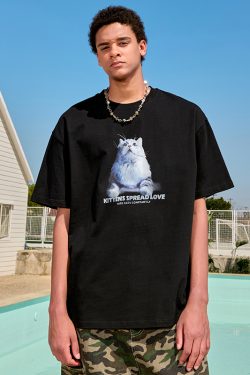 Trendy Cat Print Short Sleeve T-Shirt for Couples, American Vintage Loose Fit, Unisex Summer Style 2025, Y2K Aesthetic