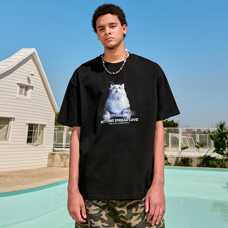 Trendy Cat Print Short Sleeve T-Shirt for Couples, American Vintage Loose Fit, Unisex Summer Style 2025, Y2K Aesthetic Trendy Cat Print Short Sleeve T-Shirt for Couples, American Vintage Loose Fit, Unisex Summer Style 2025, Y2K Aesthetic